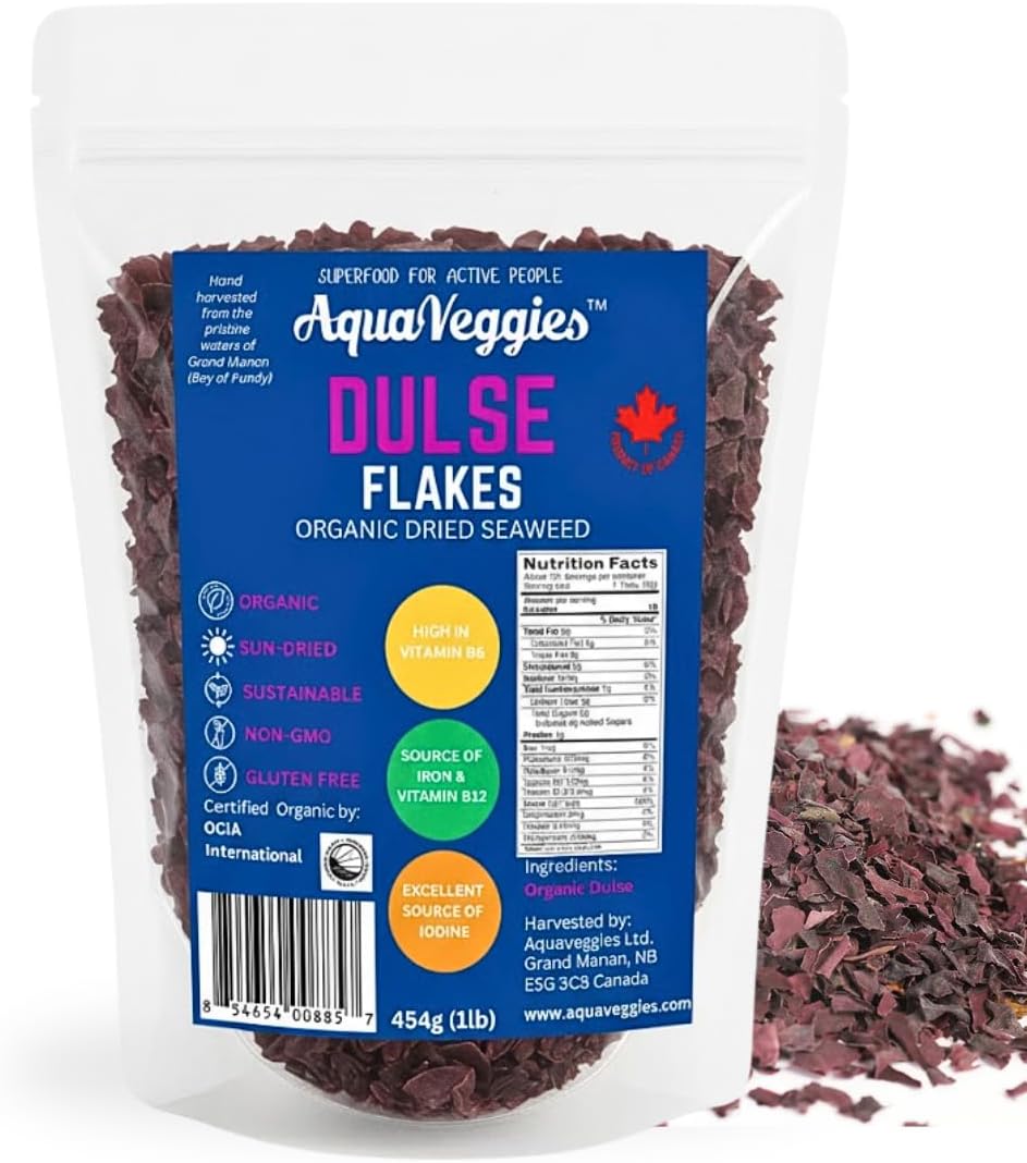 Aqua Veggies Organic Atlantic Dulse Flakes Sea Vegetable, Wild-Harvested, Sun-Dried Superfood Seaweed Snacks| Rich in Iodine, B12, Iron, Calcium, Fibre & Plant-Based Protein (1 Pound (Pack of 1))
