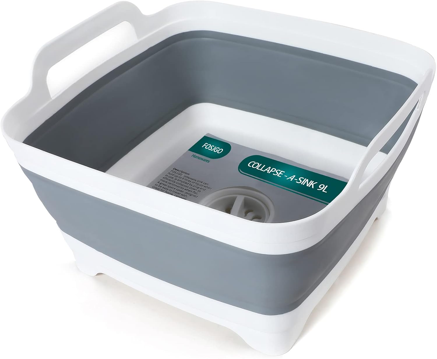 Collapsible Dish Basin with Drain Plug, 2.4 Gal(9L) Space Saving Multiuse Foldable Sink for Baby Bottles, Kitchen Camping Dish Tub for Vegetable Washing and Beverage Tubs