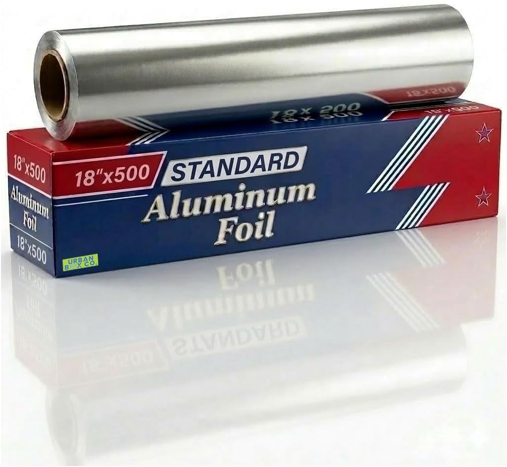 Standard Aluminum Foil Roll 18"x500' Commercial-Grade Silver Wrap for Food Service, Catering, Baking & Home Use. Durable, Tear-Resistant, Heat-Safe Industrial Foil Roll.
