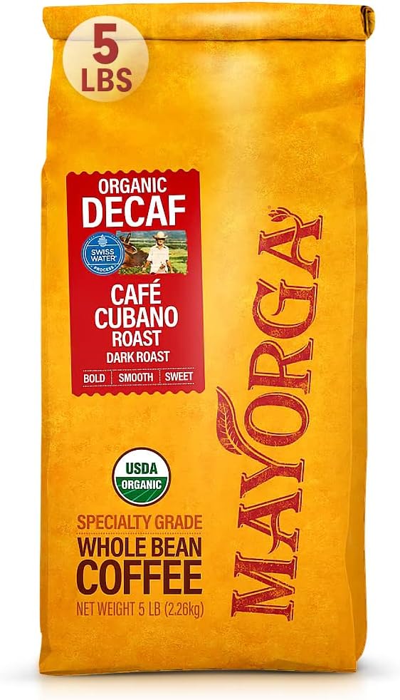 Mayorga Decaf Dark Roast 5lb Bag Cafe Swiss Water Decaffeinated Cubano Roast 100% Arabica Whole Coffee Beans - Smoothest Organic Coffee - Specialty Grade, Non-GMO, Direct Trade