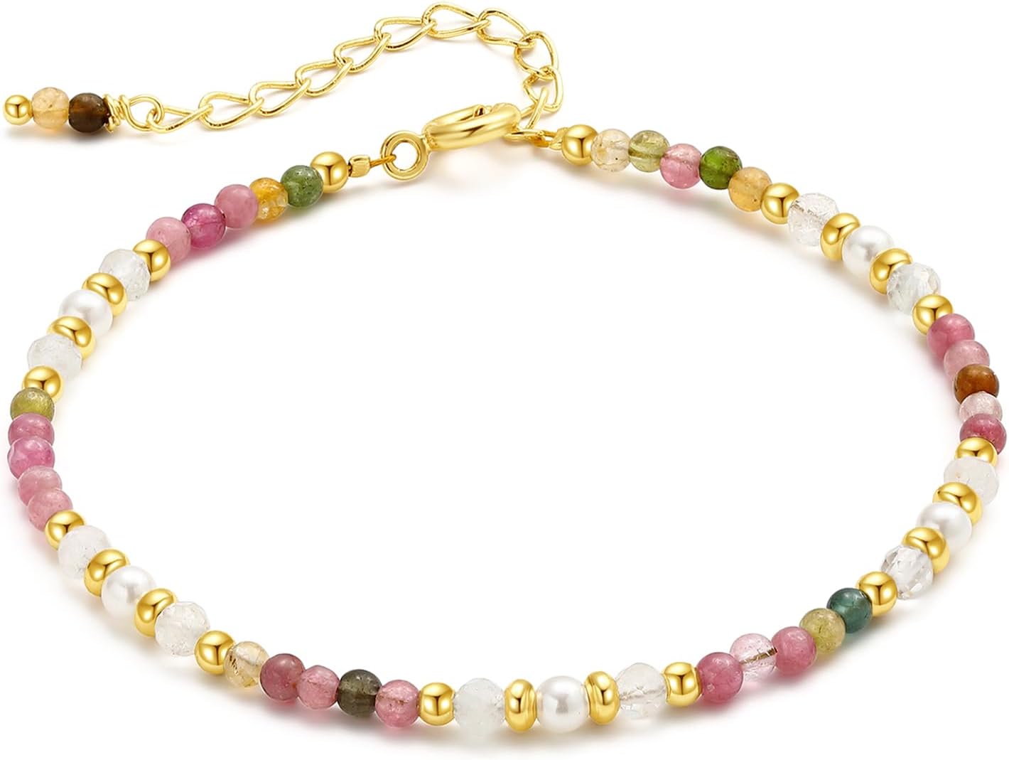 Rainbow Tourmaline Pearl Crystal Bracelet, 3mm Beaded Delicate Minimalist Jewelry, Dainty Stackable Bracelet for Women