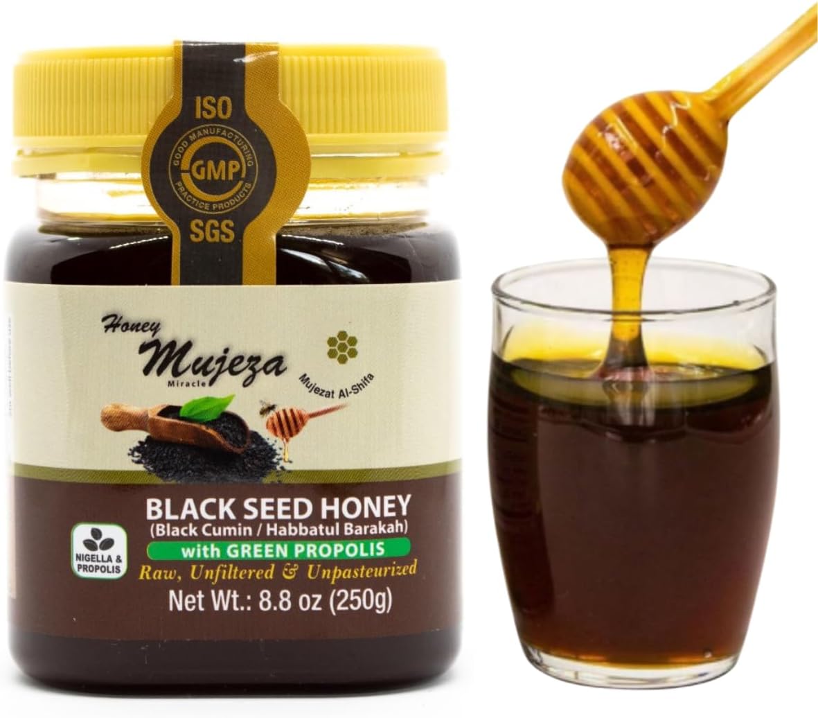 Black Seed Honey with Propolis - Not Mixed with Oil or Powder - Gluten Free - Non GMO - Organic Honey - Immune Booster - 100% Natural Raw Honey (250g /8.8oz)