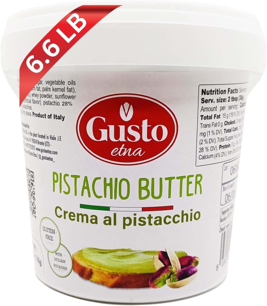 Gusto ETNA Sweet Pistachio Butter Cream, 6.6 lb (3 kg) Bulk Tub, 35% Pistachios - Pistachio Butter for filling for Knafeh Dubai Chocolate Bars and Dubai Chewey Cookie Pistachio Cream. Sweet Pistachios Spread. Sicily, Italy