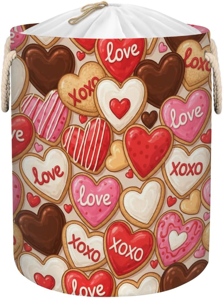 Large Laundry Basket Hamper 58L - Valentines Day Cookies Collapsible Storage Bin for Blankets, Kids Toys, Dirty Clothes, Tall Baby Nursery Hamper for Bedroom, Bathroom Decor, Gift Basket