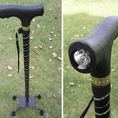 Aluminum Alloy Crutch - Men Ms Four Feet Walking Stick -Elderly Four Corners Crutch -Adjustable Telescopic Cane Mobile Aid with Light Black