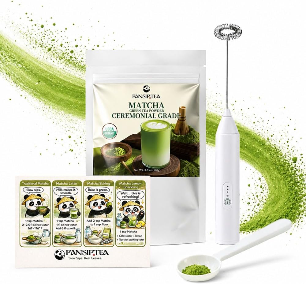 Ceremonial Grade Matcha Powder 100g/3.5oz Set, PANSIPTEA Organic Matcha Green Tea Powder Starter Kit with Frother, Smooth Matcha Powder for Matcha Latte Baking, Unsweetened Pure Matcha