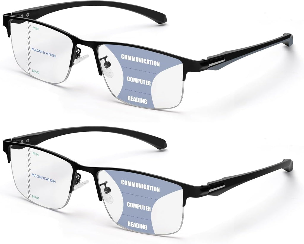2 Pack Men's Progressive Multifocal Reading Glasses,Half Rim Metal Frame TR90 Temples Blue Light Blocking Anti Eyestrain Multifocus Computer Readers,2.5x
