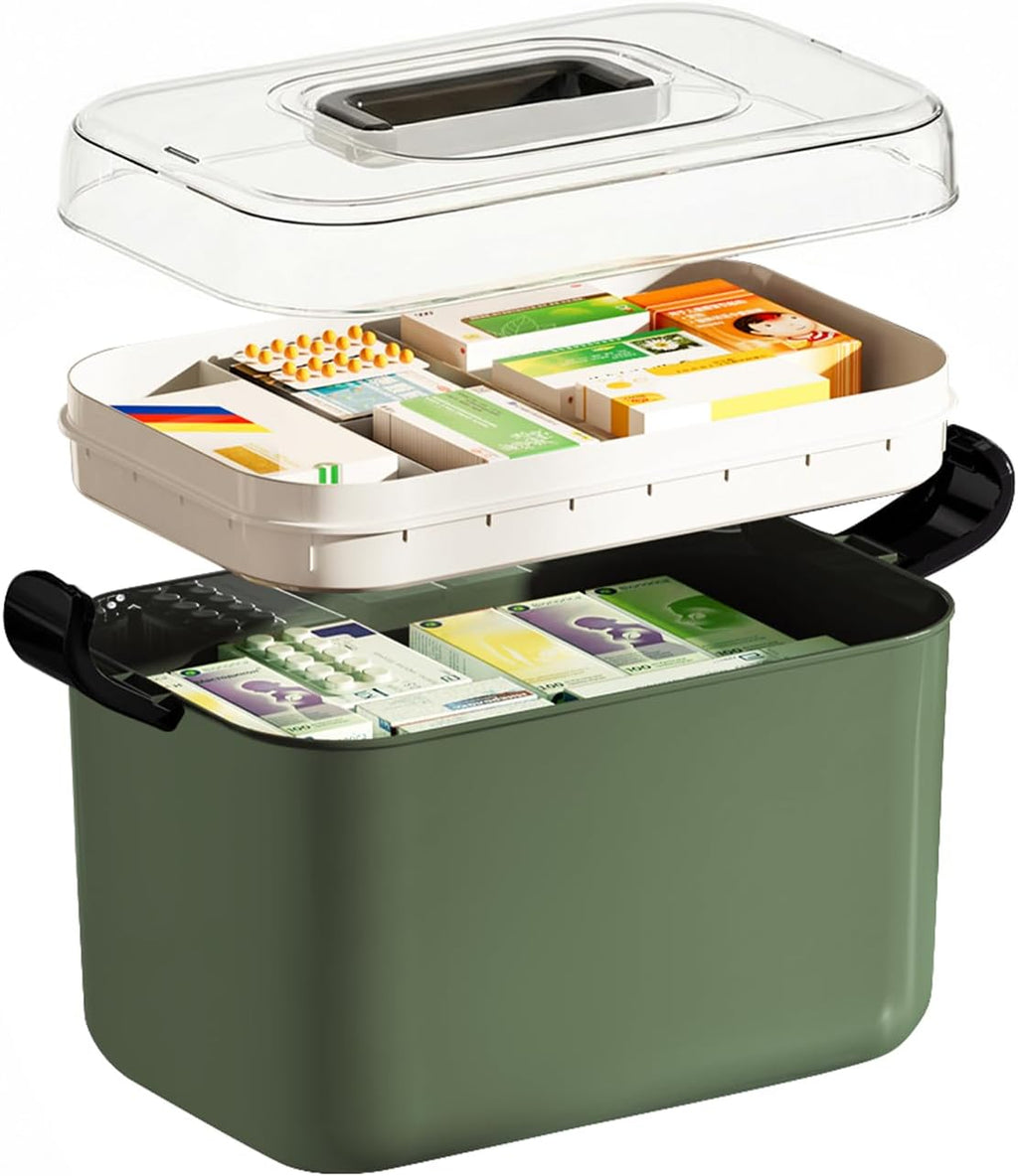 2 Tiers Medicine Organizer - Portable Medicine Storage Box with Handle, Large Capacity Plastic Medical Cabinet, Multipurpose Supply Organizer with Removable Tray, Empty First Aid Kit for Home