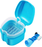 Keedolla Denture Cup Orthodontic Retainer Case, Denture Bath Box Dental Mouthguard Case Cleaning with Brush, Strainer Basket and Lid Waterproof - Blue