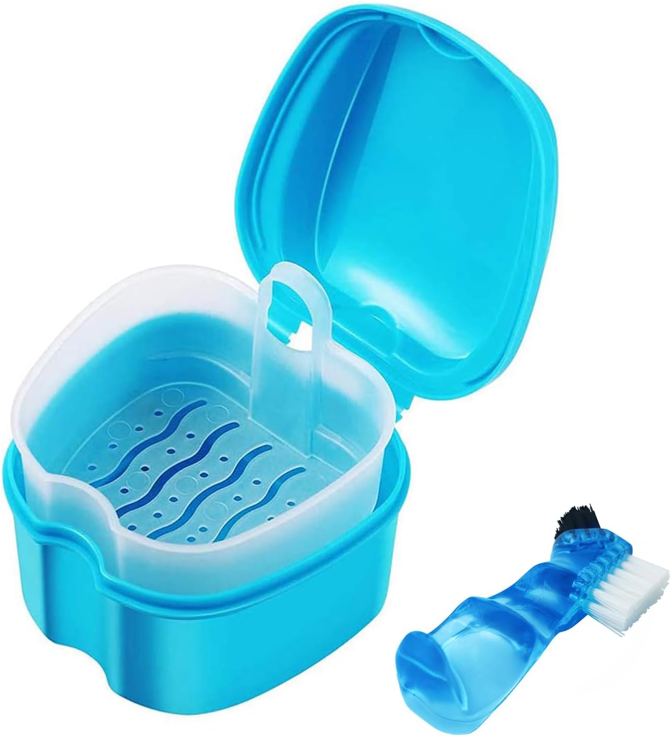 Keedolla Denture Cup Orthodontic Retainer Case, Denture Bath Box Dental Mouthguard Case Cleaning with Brush, Strainer Basket and Lid Waterproof - Blue