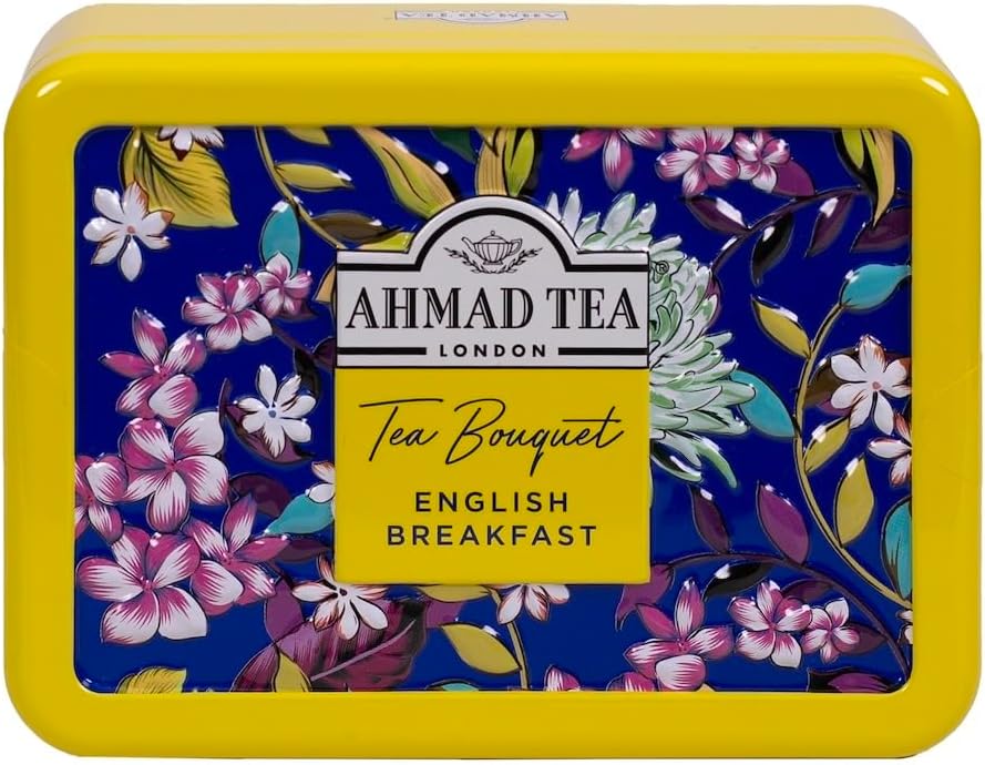 Ahmad Tea Floral Tea Tin Gift, Yellow Caddy, English Breakfast, 10 Tea Bags