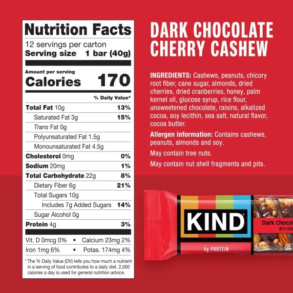 KIND Healthy Snacks Bars, Dark Chocolate Cherry Cashew, Gluten Free, High Fiber Snacks, 4g Protein, 12 Count