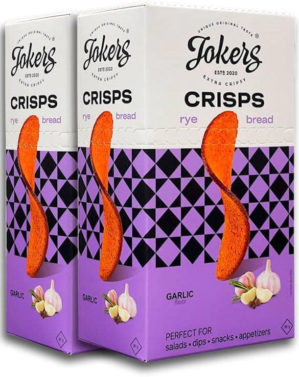 Roasted Garlic Rye Crisps 2 Boxes x 90g – Crunchy Snack for Dips, Soups & Salads, Party Snack, Toasted Bread Crisps, Better Than Nachos, European Rye Chips (2 Pack, Roasted Garlic)