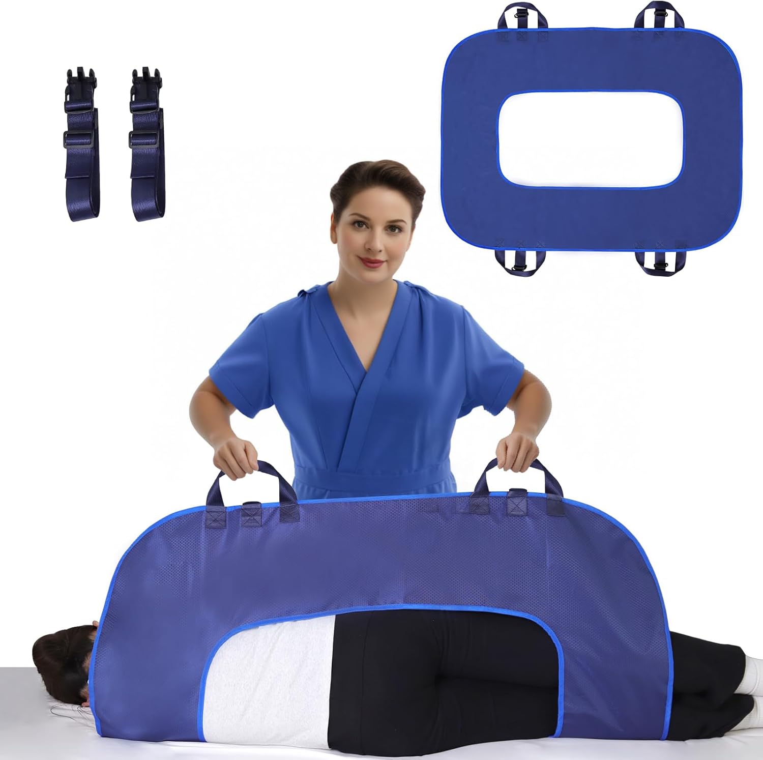 O-Shaped Positioning Sheet - Transfer Sheet with Reinforced Handles for Turning, Draw Sheets for Hospital Bed, Lifting & Repositioning, Turning Device for Elderly, Bed Patients (Blue)