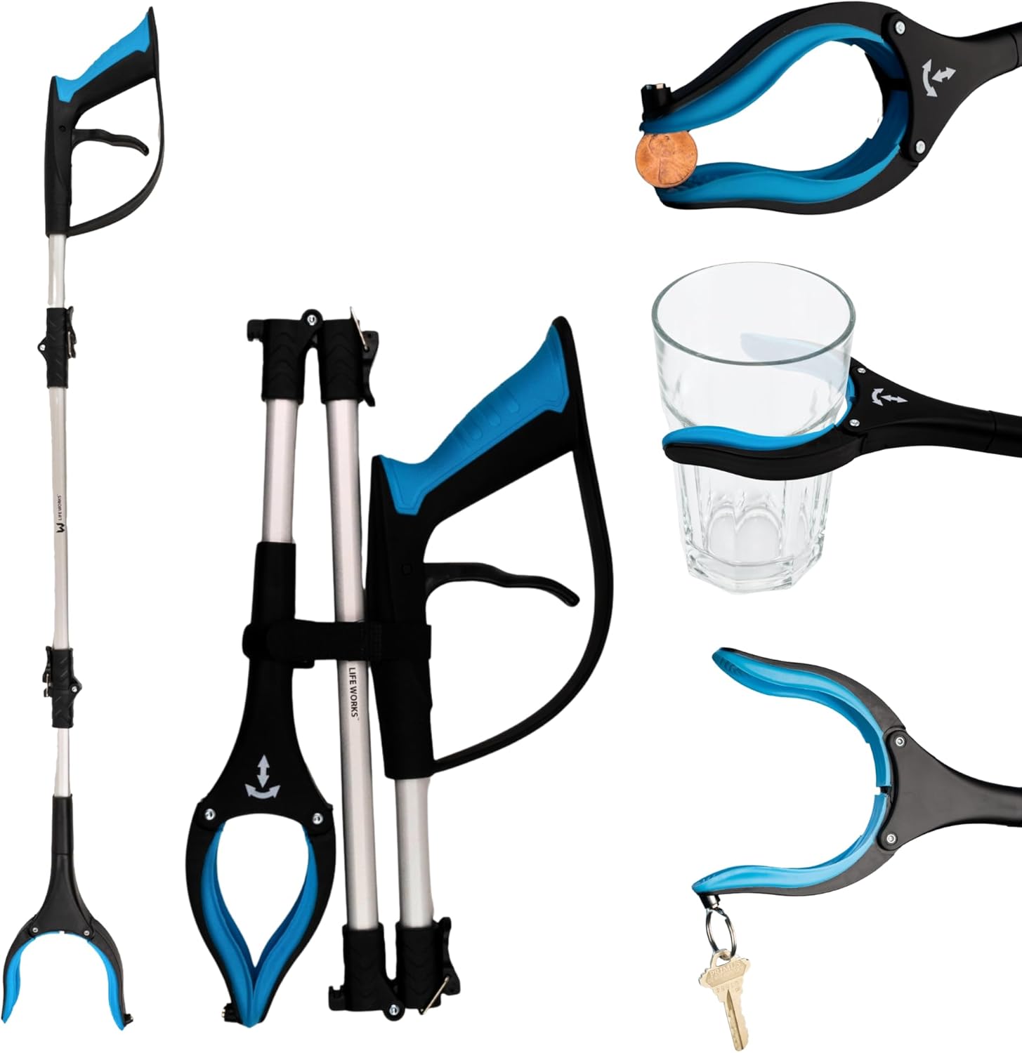 LIFE WORKS Reacher Grabber Tool, 360° Rotating Head, Lightweight 36" Foldable Arm, Ergonomic Grip, 4.5" Wide Jaw, Mobility Aid, Portable Picker Upper Tool for Seniors & Limited Mobility, 1 Pack