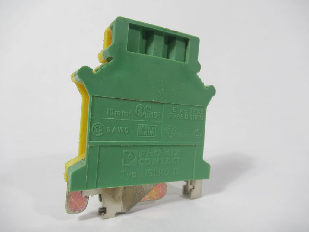 PHOENIX CONTACT USLKG 16 2 Connection, 20-6 AWG, Green/Yellow, Ground Modular, Screw Connection, Terminal Block