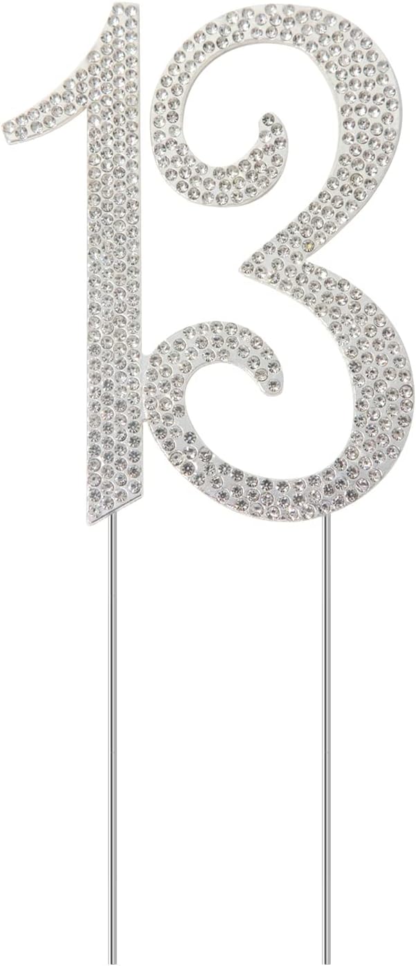 Honbay 13 Birthday Cake Topper Sparkly Bling Alloy Crystal Rhinestones Cake Topper Cake Decoration for 13th Birthday or Anniversary Party (Silver)
