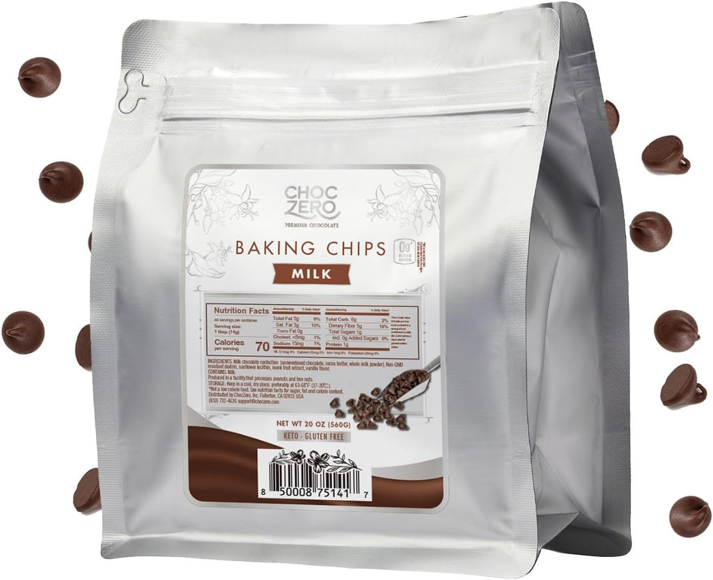 ChocZero Milk Chocolate Chips, No Added Sugar, Keto & Low Carb, Gluten Free, No Sugar Alcohols, 20 oz Bag for Baking & Desserts