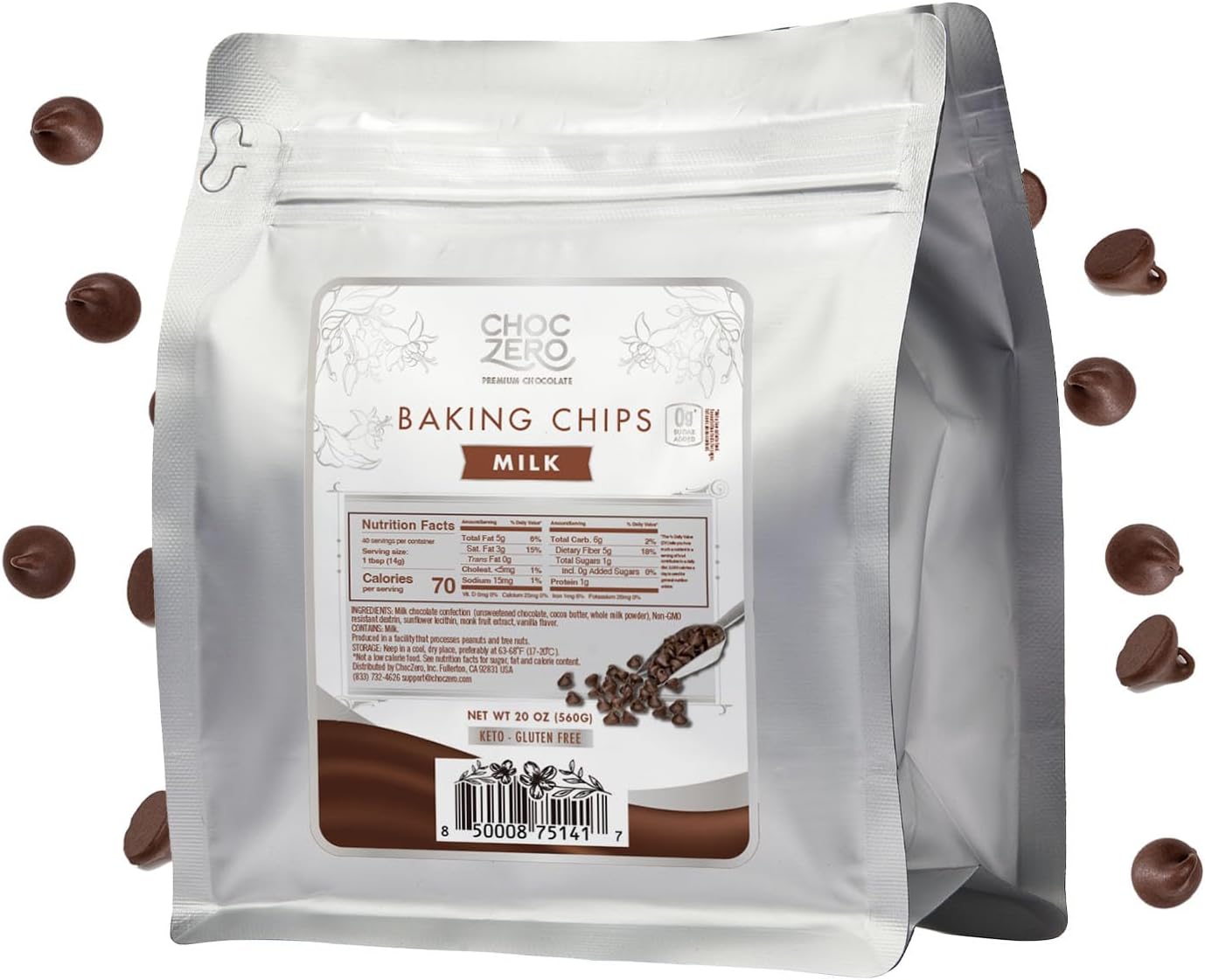 ChocZero Milk Chocolate Chips, No Added Sugar, Keto & Low Carb, Gluten Free, No Sugar Alcohols, 20 oz Bag for Baking & Desserts