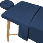 Saloniture 3-Piece Microfiber Massage Table Sheet Set - Premium Facial Bed Cover - Includes Flat and Fitted Sheets with Face Cradle Cover - Navy Blue
