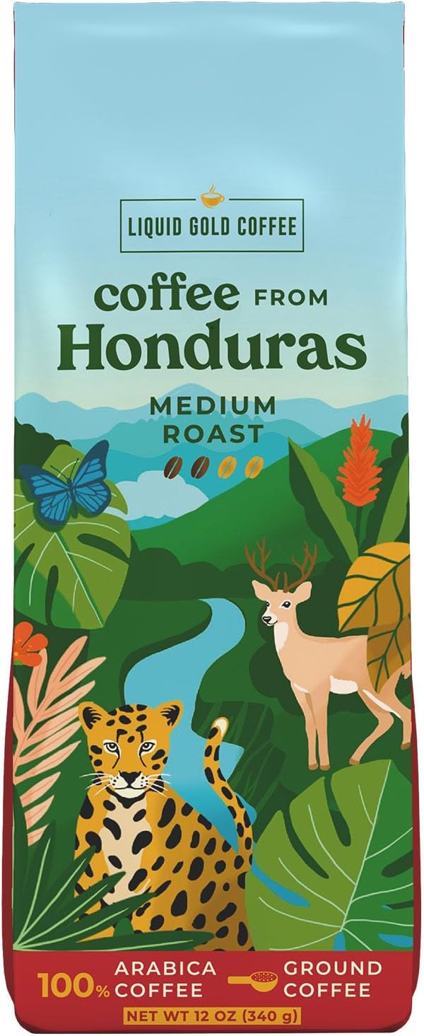 Liquid Gold Organic Coffee from Honduras Medium Roast Ground, 1 bag (12oz), Fair Trade, 100% Fresh Arabica Beans, Single Origin Specialty Coffee, Sourced from COMSA Farm, Small Batch Roasted, Made and Roasted in USA