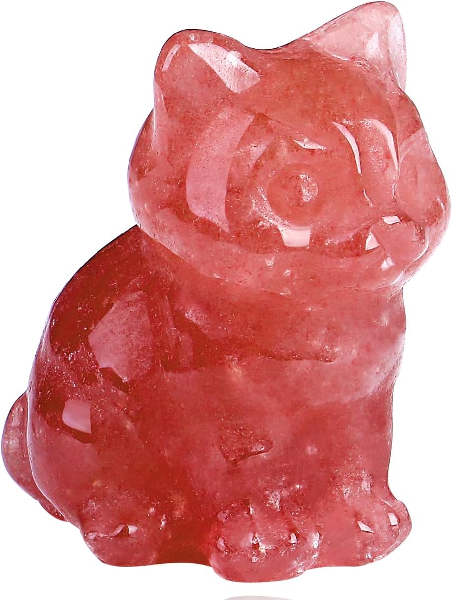 QINJIEJIE Strawberry Quartz Cat Crystals Figurines Carved Stone Healing Crystal Gemstone Sculpture Home Office Decoration Sitting Cat Statue Gifts for Women