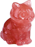 QINJIEJIE Strawberry Quartz Cat Crystals Figurines Carved Stone Healing Crystal Gemstone Sculpture Home Office Decoration Sitting Cat Statue Gifts for Women
