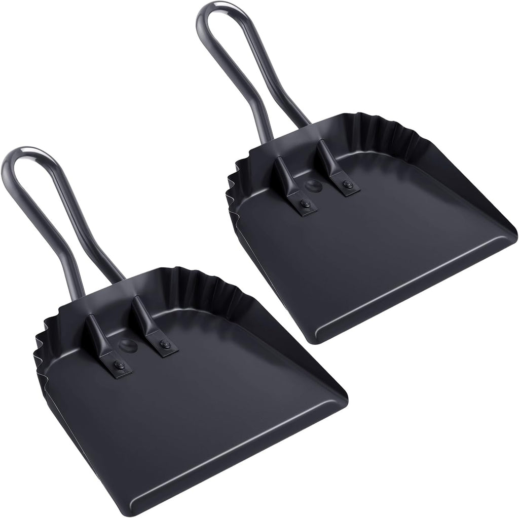 Mumufy 2 Pcs 12 Inch Heavy Duty Metal Dustpan, Stainless Steel Large Wide Dust Pans for Household, Handheld Scooper, Debris Cleaning Tool for Home Garage Studio Courtyard Indoor Outdoor(Black)
