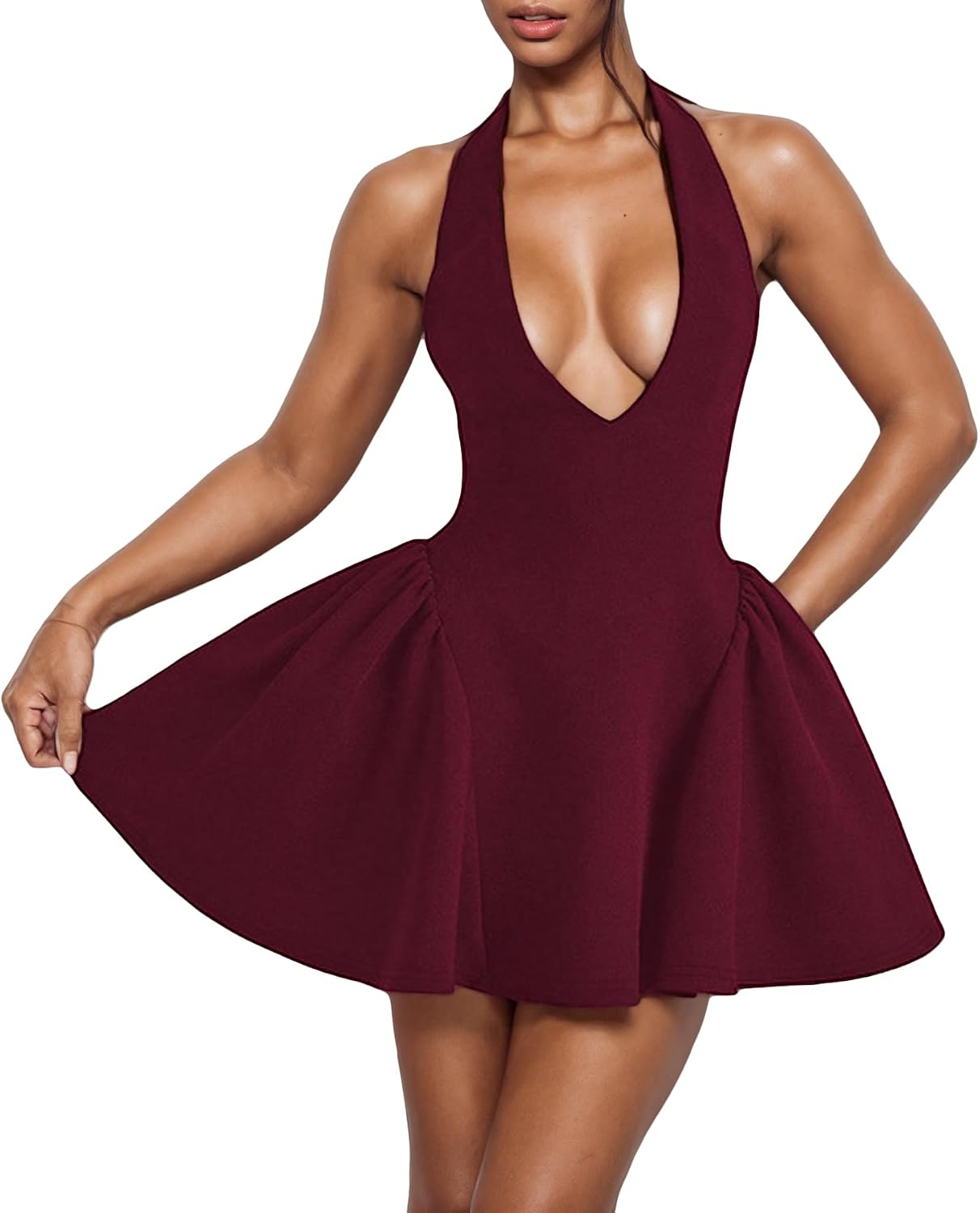 Kwunbwa Women's Sexy Sleeveless Deep V Neck Halter Backless Mini Dress Ruffle Flowy Party Club A line Short Dresses