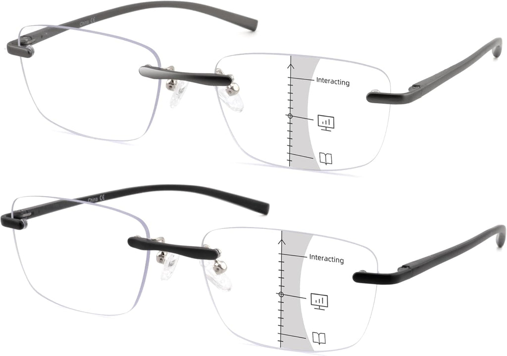 2 Pack Ultra Lightweight Rimless Progressive Multifocus Reading Glasses for Men,Blue Light Blocking Computer Readers