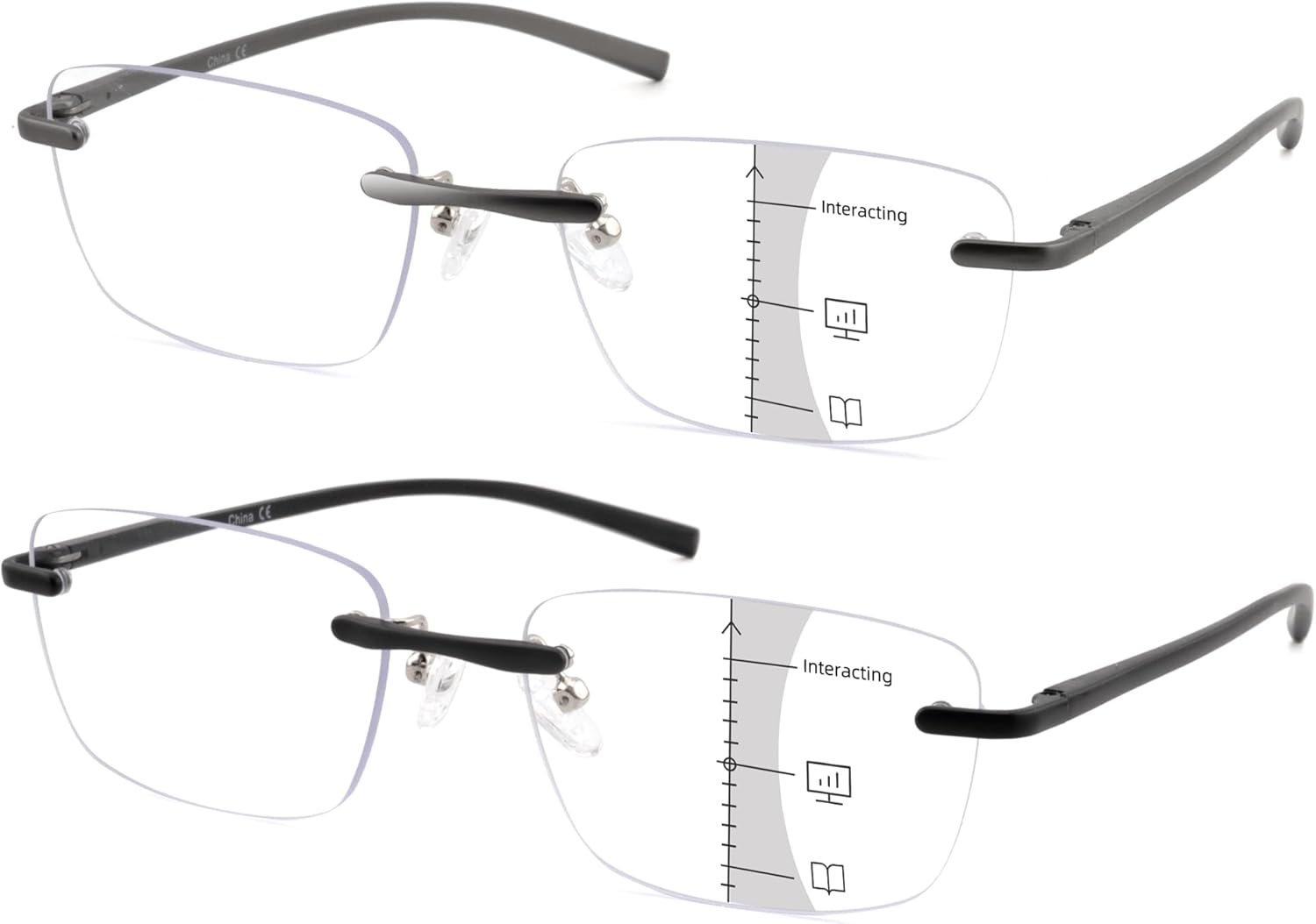 2 Pack Ultra Lightweight Rimless Progressive Multifocus Reading Glasses for Men,Blue Light Blocking Computer Readers