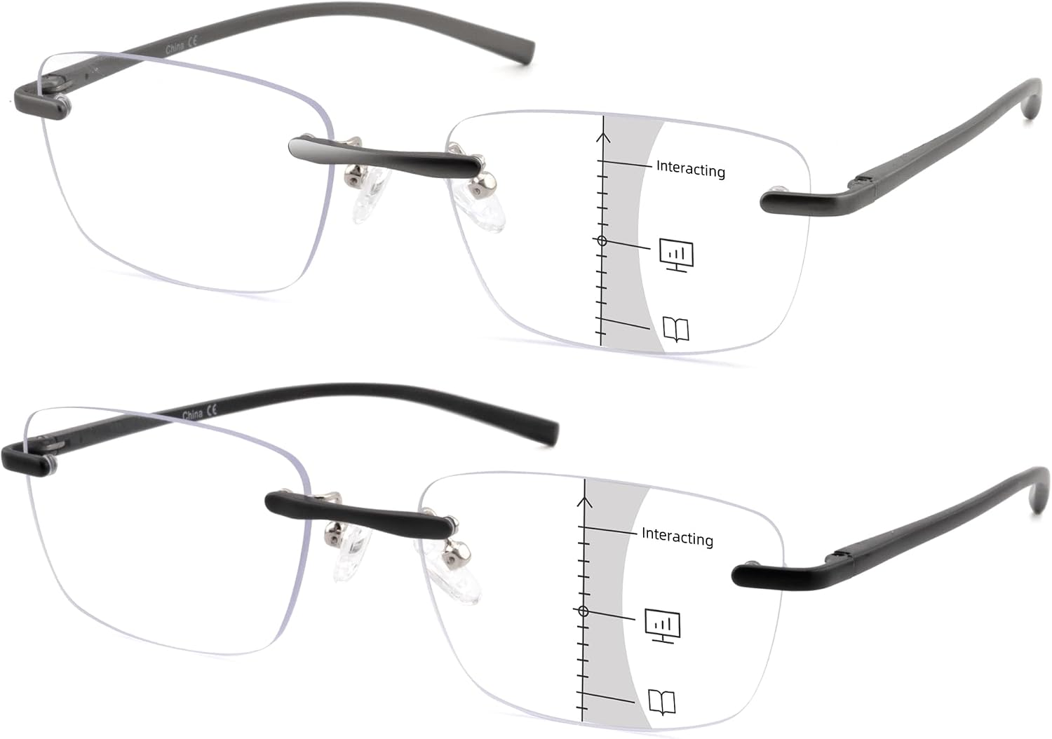 2 Pack Ultra Lightweight Rimless Progressive Multifocus Reading Glasses for Men,Blue Light Blocking Computer Readers