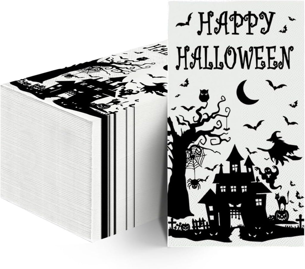 Horaldaily 100 Halloween Disposable Paper Decorative Guest Napkins, Castle Tree Bats Tomb Scary Themed Hand Towel for Party Lunch Dinner Kitchen Bathroom