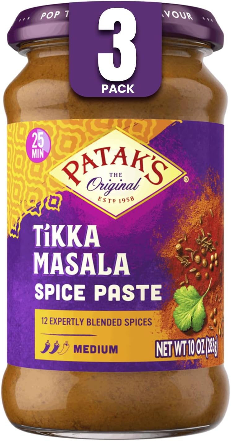 Patak’s Tikka Masala Spice Paste - Medium Indian Curry Paste w/a Blend of Freshly Ground Spices - Vegan & Gluten-Free - Flavorful Tikka Masala Curry Base for Home Cooking & More - 10oz Jar (Pack of 3)