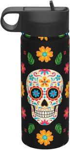 Double Wall Vacuum Insulated Stainless Steel Water Bottle with Lid and Straw for Men Women, Mexican Sugar Skulls Mexico Day Of The Dead Flowers