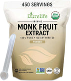 Durelife Organic 100% Pure Monk Fruit sweetener, No Erythritol, Monkfruit Extract Powder, USDA organic NON-GMO Project Verified, Keto Certified, OU kosher No Fillers Zero Calorie Sugar Substitute 5 OZ