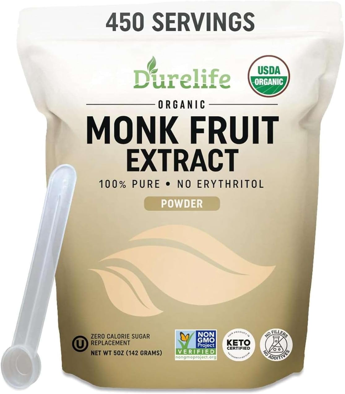 Durelife Organic 100% Pure Monk Fruit sweetener, No Erythritol, Monkfruit Extract Powder, USDA organic NON-GMO Project Verified, Keto Certified, OU kosher No Fillers Zero Calorie Sugar Substitute 5 OZ