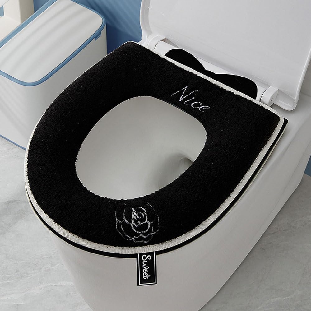 Fashion Zippered Warm Cushioned Toilet Seat Cover,Washable,Reusable Comfortable Universal Toilet Seat Cushion (Black)