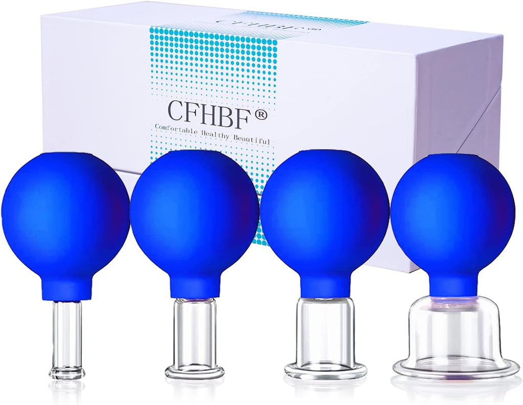 4 Size Facial Cupping Therapy Set Glass, Eye Face Vacuum Massage Anti Cellulite Cup - Silicone Cupping Massage Therapy, for Beauty Body Cup Fascia Massager (Gift Box Packaging-Blue)