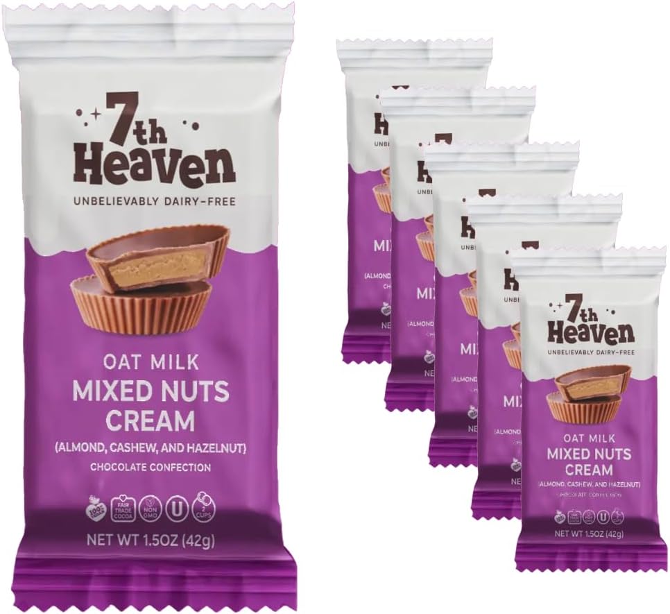 7th Heaven, Vegan Oat Milk Chocolate Cups: Mixed Nuts - (1.5 oz - 6 Pack), Healthy Chocolate, Perfect Valentines Gift For Your Loved Ones, 100% Dairy Free, Non GMO, Kosher Parve, Cruelty Free, Fair Trade Cocoa
