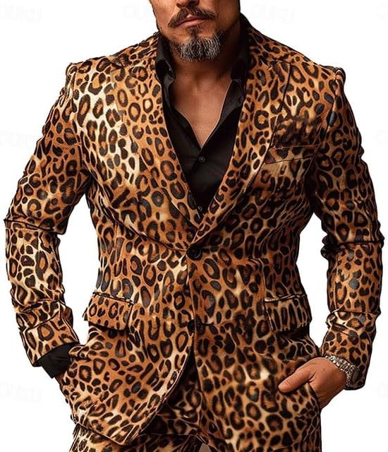 Men's Leopard Slim Fit Blazer Two Button Single Breasted Fashion Business Suit Jacket