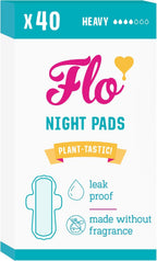 Flo - Night Menstrual Pads (40 Pack) - Organic Bamboo Period Pads for Women - Heavy Flow - Leak Locking - Winged, Ultra-Thin - Absorbent, Soft & Breathable - Plant Based – Vegan, Cruelty Free