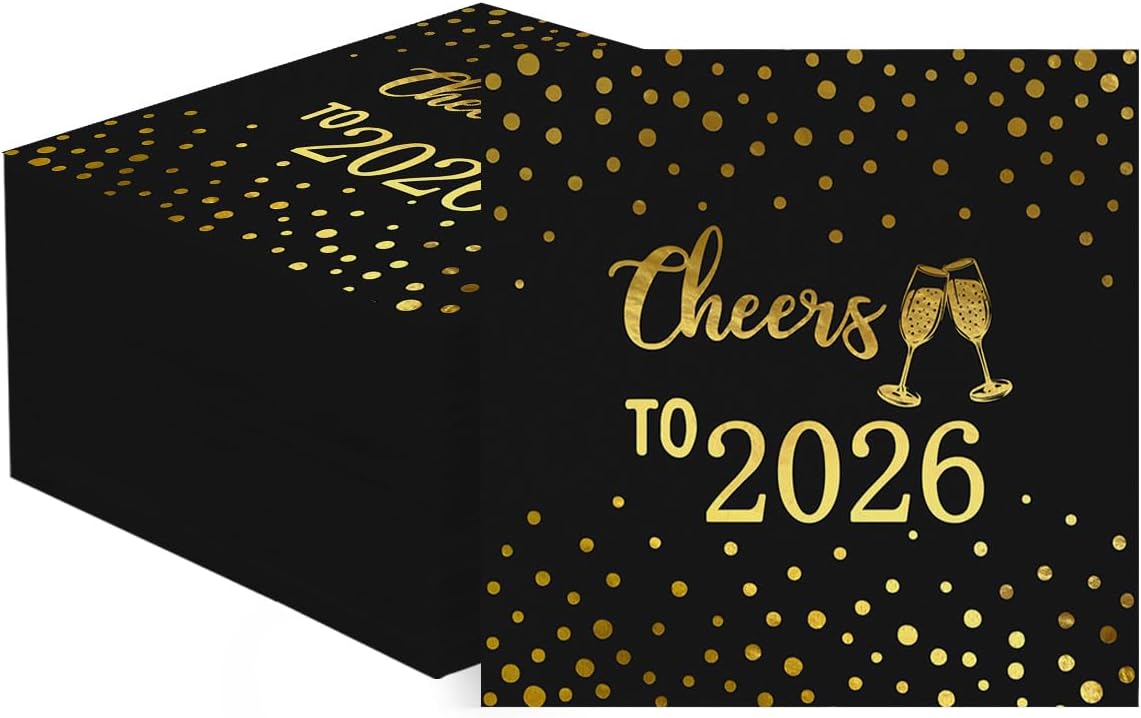 Horaldaily 100 New Year 2026 Disposable Paper Decorative Luncheon Napkins, Cheers to 2026 Gold Foil Dots Hand Towel for Party Lunch Dinner Kitchen Bathroom