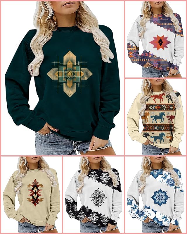 MARSVOVO Western Shirt For Women Fashion Long Sleeves Aztec Cowgirl Sweatshirt Crew Neck Casual Work Tops For Women