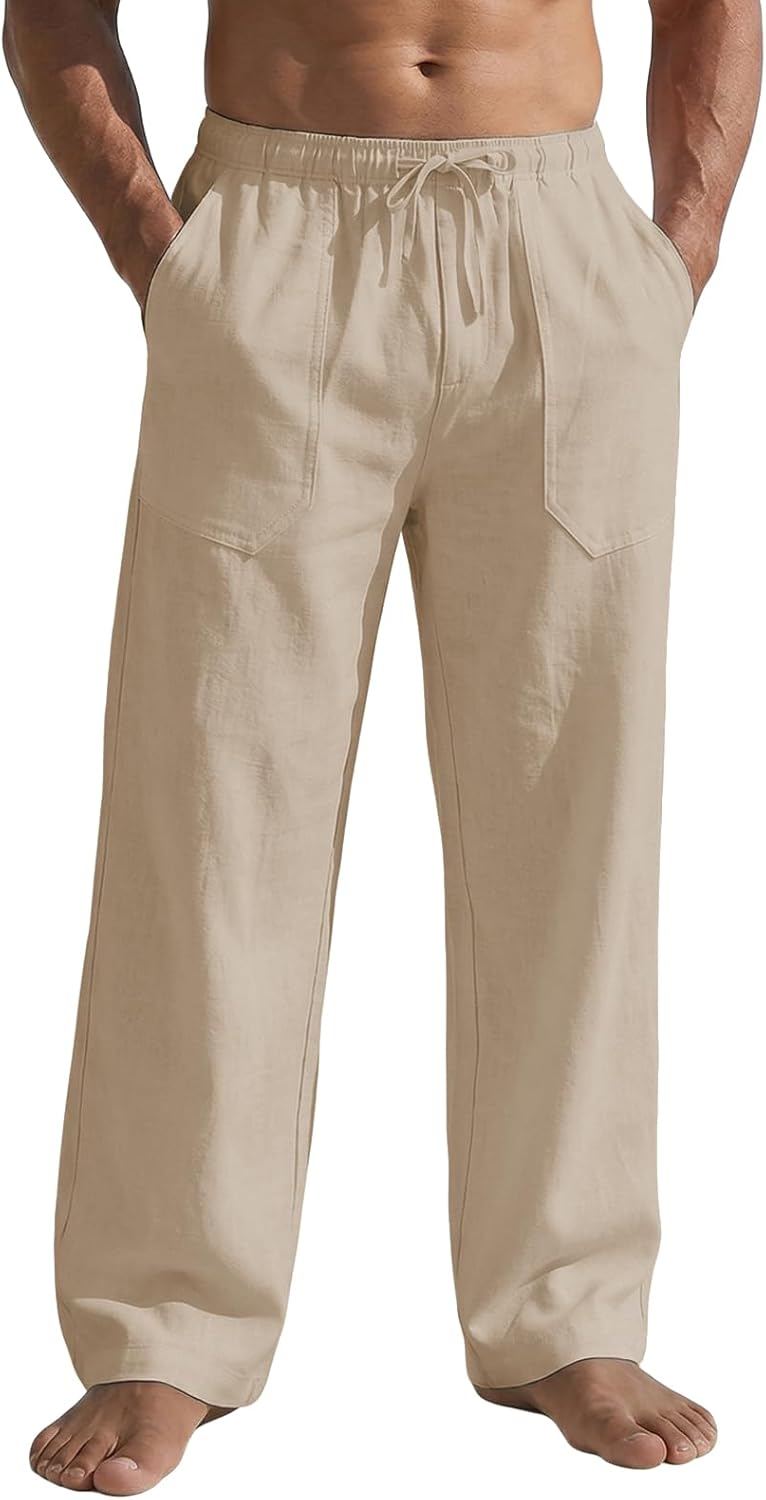 Men's Casual Linen Pants Summer Beach Trousers Loose Fit Straight-Legs Elastic Drawstring Waist Yoga Trousers