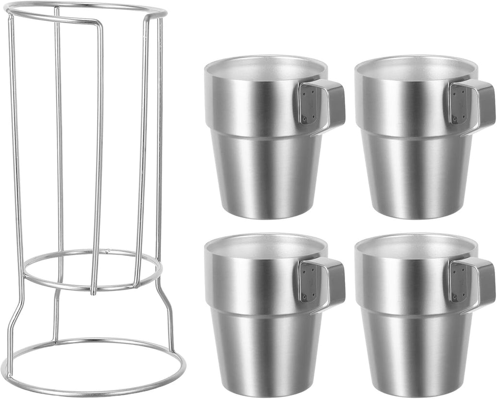 NUOBESTY Stackable Double Wall Stainless Steel Coffee Mugs and Tea Cups Set 300ml Insulated Drinking Cups with Handle with Rack Spill-resistant Hot and Cold Beverage