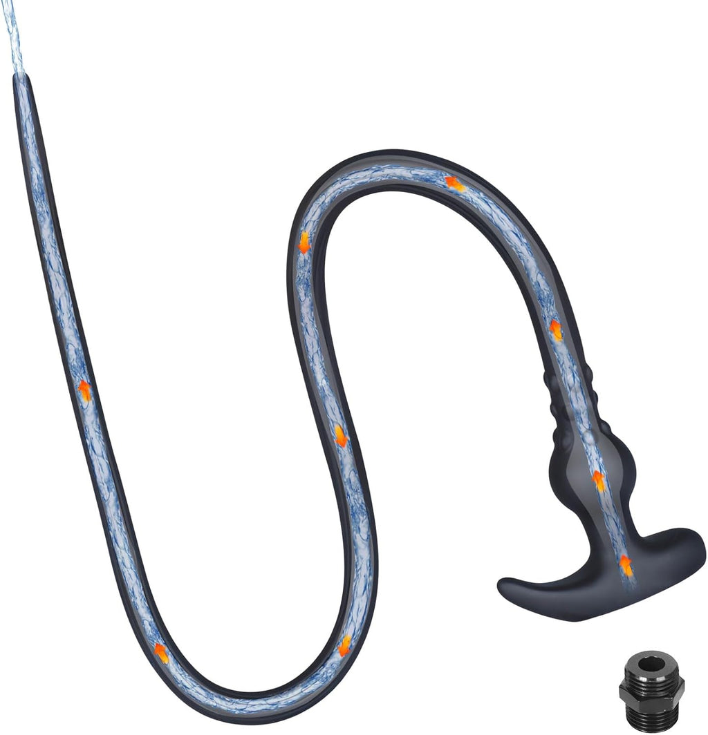 Romi Long Anal Plug Hollow Realistic Dildo Flexible Liquid Silicone Shower Enema Douche Anal Enema Kit Vaginal Cleaner Prostate Massager G-spot Stimulation for Men Women Couple (Black) (Long)