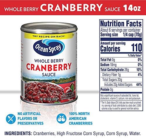 Ocean Spray Whole Berry Cranberry Sauce, 14 Ounce Can (Pack of 6)