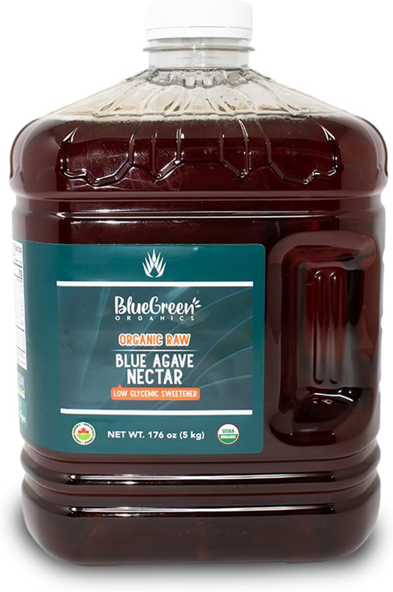 BLUE GREEN ORGANICS Raw Blue Agave Syrup – 176 oz Bulk Size – Natural Low Glycemic Sweetener for Coffee, Baking & Cooking, Organic, Vegan, Non-GMO