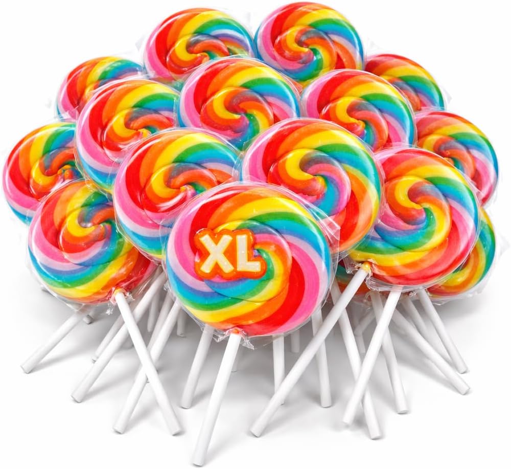 24pk Jumbo Rainbow Swirl Lollipops - Extra Large 2.75" Individually Wrapped Carnival Suckers on Sticks for Kids Party Favors, Birthday Candy Bulk